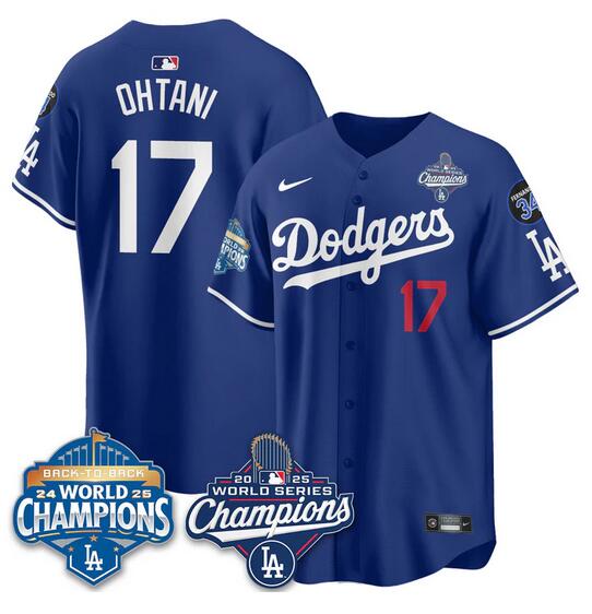 Men's Los Angeles Dodgers #17 Shohei Ohtani Royal 2025 World Series Champions & Back to Back Champions With No.34 Patch Limited Stitched Baseball Jersey Men's Los Angeles Dodgers #17 Shohei Ohtani Royal 2025 World Series Champions & Back to Back Champions With No.34 Patch Limited Stitched Baseball Jersey