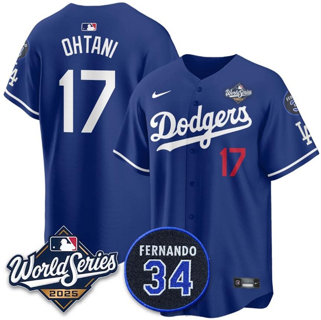 Men's Los Angeles Dodgers #17 Shohei Ohtani Royal 2025 World Series With No.34 Patch Limited Stitched Baseball Jersey Men's Los Angeles Dodgers #17 Shohei Ohtani Royal 2025 World Series With No.34 Patch Limited Stitched Baseball Jersey