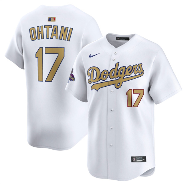 Men's Los Angeles Dodgers #17 Shohei Ohtani White 2025 Gold Collection Limited Stitched Baseball Jersey