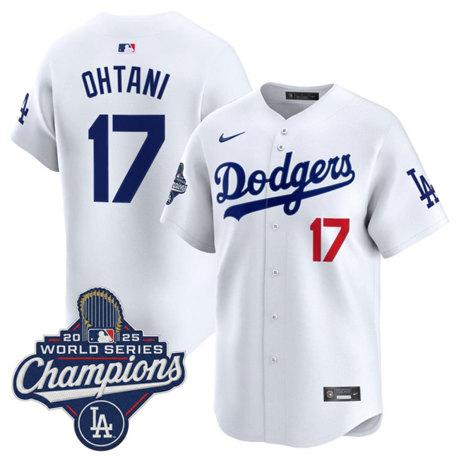 Men's Los Angeles Dodgers #17 Shohei Ohtani White 2025 World Series Champions Patch Home Limited Stitched Baseball Jersey Men's Los Angeles Dodgers #17 Shohei Ohtani White 2025 World Series Champions Patch Home Limited Stitched Baseball Jersey
