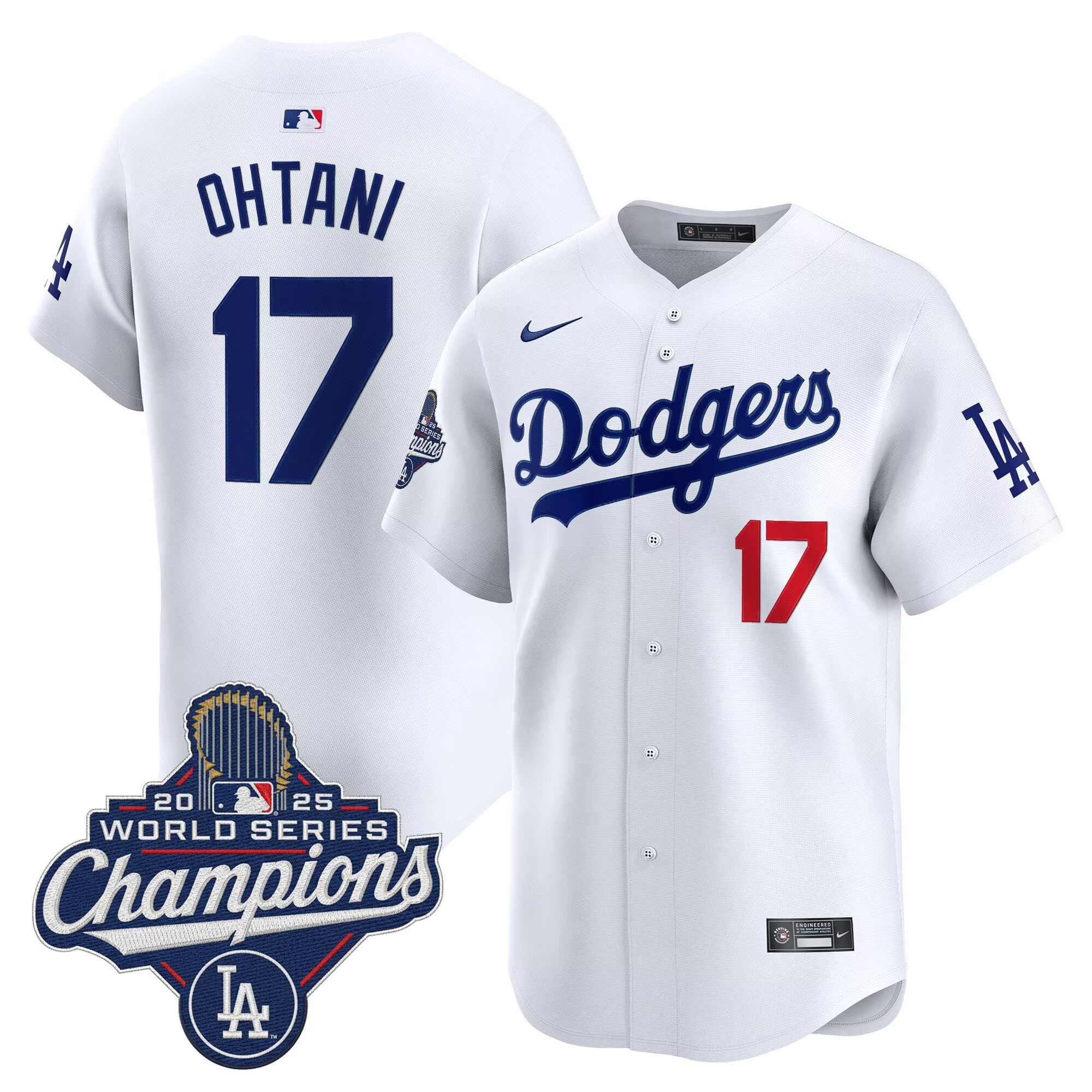 Men's Los Angeles Dodgers #17 Shohei Ohtani White 2025 World Series Champions Stitched Baseball Jersey