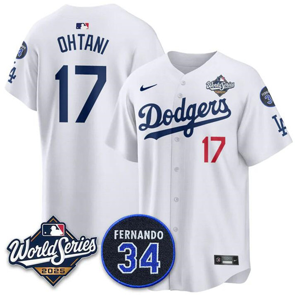 Men's Los Angeles Dodgers #17 Shohei Ohtani White 2025 World Series With No.34 Patch Home Limited Stitched Baseball Jersey Men's Los Angeles Dodgers #17 Shohei Ohtani White 2025 World Series With No.34 Patch Home Limited Stitched Baseball Jersey