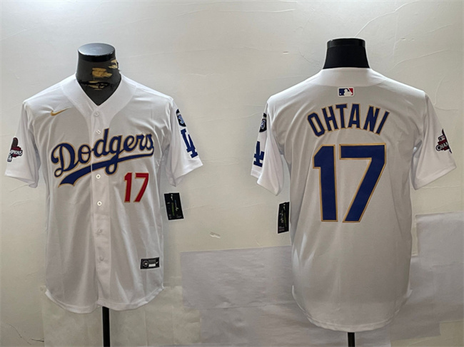 Men's Los Angeles Dodgers #17 Shohei Ohtani White Gold 2024 World Series Champions With Fernando Memorial Patch Home Limited Stitched Baseball Jersey Men's Los Angeles Dodgers #17 Shohei Ohtani White Gold 2024 World Series Champions With Fernando Memorial Patch Home Limited Stitched Baseball Jersey