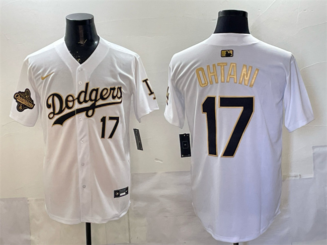 Men's Los Angeles Dodgers #17 Shohei Ohtani White Gold 2025 World Series Champions Patch Limited Stitched Baseball Jersey Men's Los Angeles Dodgers #17 Shohei Ohtani White Gold 2025 World Series Champions Patch Limited Stitched Baseball Jersey