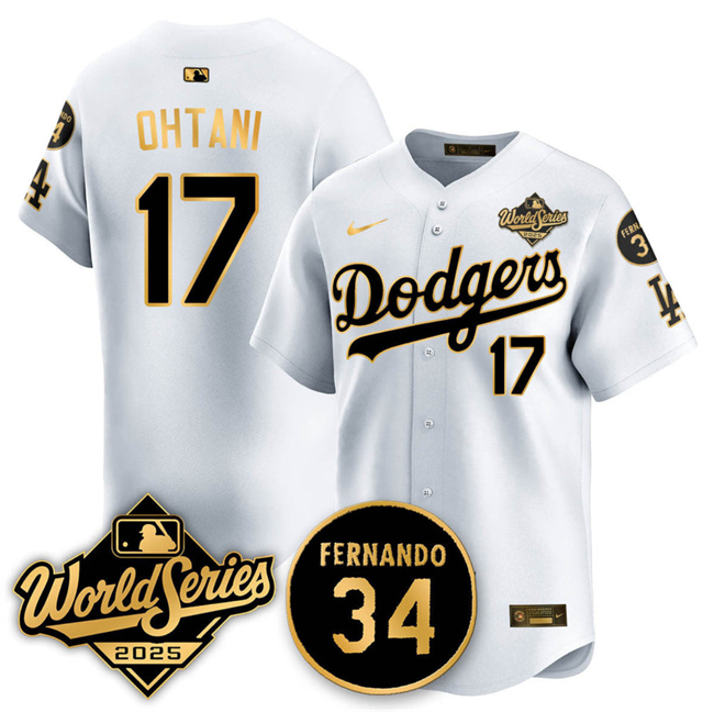 Men's Los Angeles Dodgers #17 Shohei Ohtani White Gold 2025 World Series With No.34 Patch Limited Stitched Baseball Jersey Men's Los Angeles Dodgers #17 Shohei Ohtani White Gold 2025 World Series With No.34 Patch Limited Stitched Baseball Jersey
