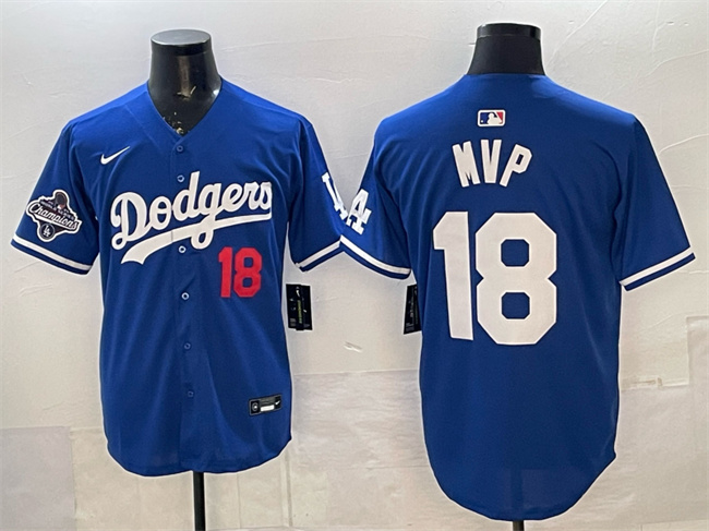 Men's Los Angeles Dodgers #18 MVP Royal 2025 World Series Champions Patch Limited Stitched Baseball Jersey