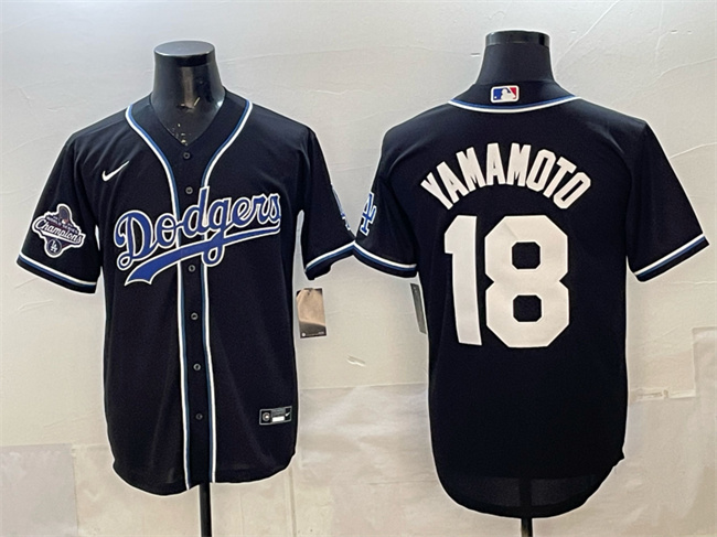 Men's Los Angeles Dodgers #18 Yoshinobu Yamamoto Black 2025 World Series Champions Patch Cool Base Stitched Baseball Jersey Men's Los Angeles Dodgers #18 Yoshinobu Yamamoto Black 2025 World Series Champions Patch Cool Base Stitched Baseball Jersey