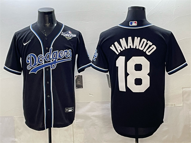 Men's Los Angeles Dodgers #18 Yoshinobu Yamamoto Black 2025 World Series Cool Base Stitched Baseball Jersey