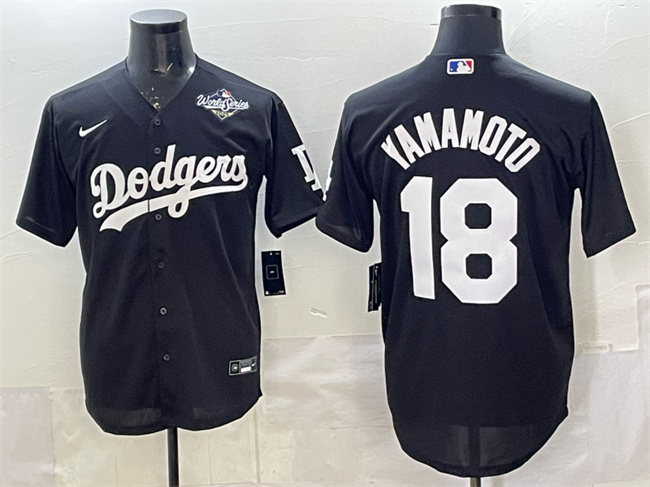 Men's Los Angeles Dodgers #18 Yoshinobu Yamamoto Black 2025 World Series Patch Cool Base Stitched Baseball Jersey Men's Los Angeles Dodgers #18 Yoshinobu Yamamoto Black 2025 World Series Patch Cool Base Stitched Baseball Jersey
