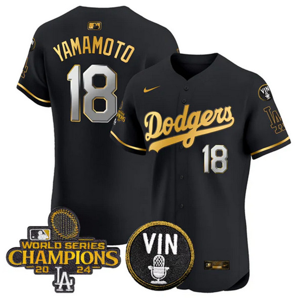 Men's Los Angeles Dodgers #18 Yoshinobu Yamamoto Black Gold 2024 World Series Champions With Vin Patch Vapor Limited Stitched Baseball Jersey