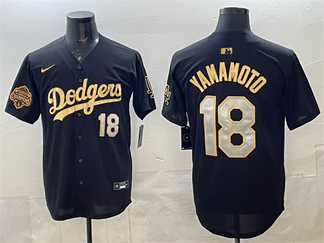 Men's Los Angeles Dodgers #18 Yoshinobu Yamamoto Black Gold 2025 Back to Back Champions Patch Limited Stitched ebjerseys.com Baseball Jersey Men's Los Angeles Dodgers #18 Yoshinobu Yamamoto Black Gold 2025 Back to Back Champions Patch Limited Stitched ebjerseys.com Baseball Jersey