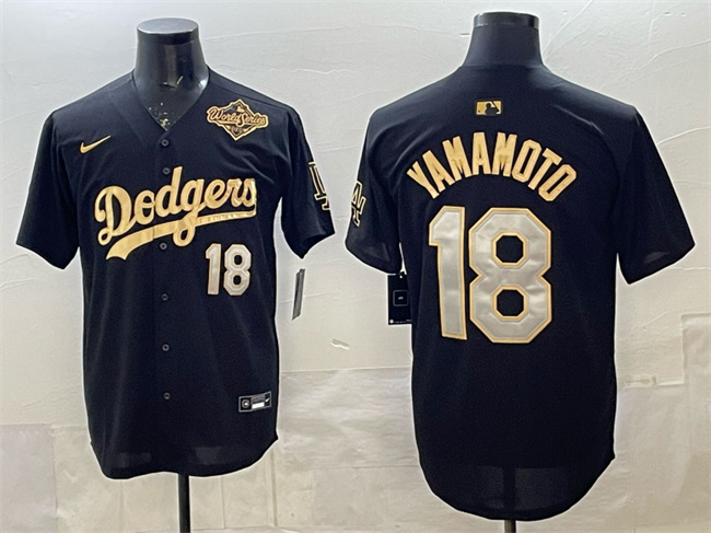Men's Los Angeles Dodgers #18 Yoshinobu Yamamoto Black Gold 2025 World Series Patch Limited Stitched Baseball Jersey Men's Los Angeles Dodgers #18 Yoshinobu Yamamoto Black Gold 2025 World Series Patch Limited Stitched Baseball Jersey