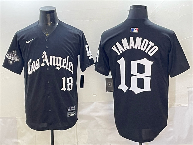 Men's Los Angeles Dodgers #18 Yoshinobu Yamamoto Black LA Gothic Style With 2025 World Series Champions Patch Limited Stitched Baseball Jersey Men's Los Angeles Dodgers #18 Yoshinobu Yamamoto Black LA Gothic Style With 2025 World Series Champions Patch Limited Stitched Baseball Jersey