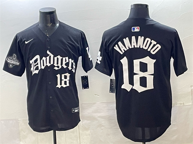 Men's Los Angeles Dodgers #18 Yoshinobu Yamamoto Black LA Gothic Style With 2025 World Series Champions Patch Vapor Premier Limited Stitched Baseball Jersey Men's Los Angeles Dodgers #18 Yoshinobu Yamamoto Black LA Gothic Style With 2025 World Series Champions Patch Vapor Premier Limited Stitched Baseball Jersey