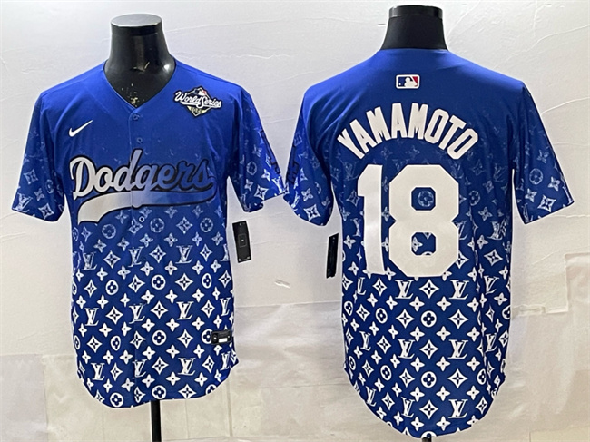 Men's Los Angeles Dodgers #18 Yoshinobu Yamamoto Blue 2025 World Series Patch Limited Stitched Baseball Jersey Men's Los Angeles Dodgers #18 Yoshinobu Yamamoto Blue 2025 World Series Patch Limited Stitched Baseball Jersey