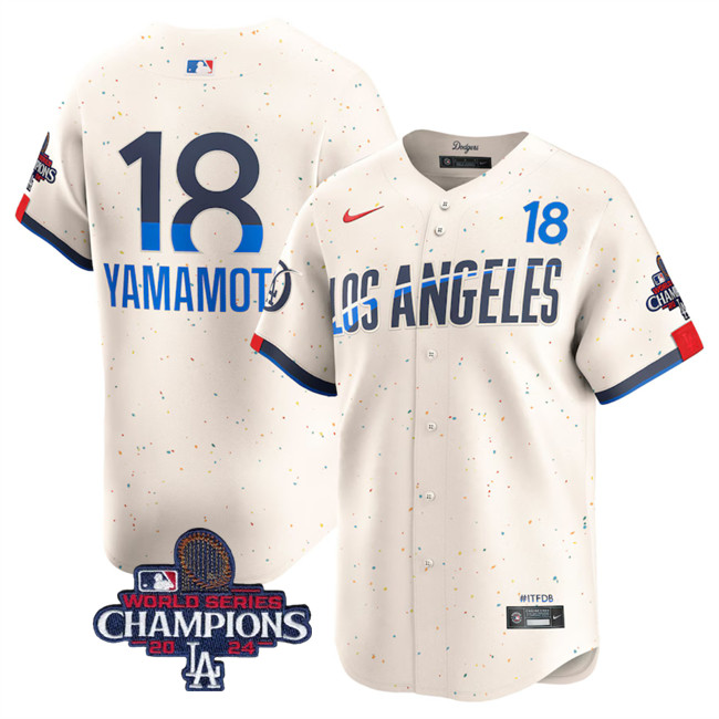 Men's Los Angeles Dodgers #18 Yoshinobu Yamamoto Cream 2024 World Series Champions City Connect Limited Stitched Baseball Jersey Men's Los Angeles Dodgers #18 Yoshinobu Yamamoto Cream 2024 World Series Champions City Connect Limited Stitched Baseball Jersey