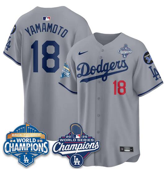 Men's Los Angeles Dodgers #18 Yoshinobu Yamamoto Grey 2025 World Series Champions & Back to Back Champions With No.34 Patch Limited Stitched Baseball Jersey Men's Los Angeles Dodgers #18 Yoshinobu Yamamoto Grey 2025 World Series Champions & Back to Back Champions With No.34 Patch Limited Stitched Baseball Jersey