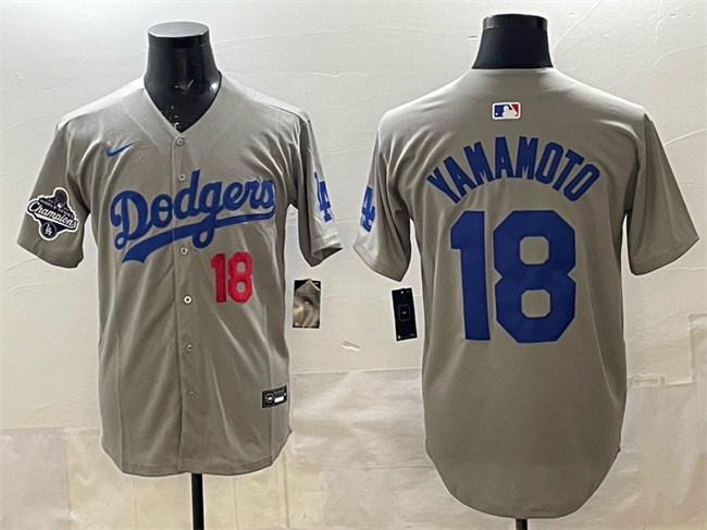 Men's Los Angeles Dodgers #18 Yoshinobu Yamamoto Grey 2025 World Series Champions Patch Limited Stitched Baseball Jersey Men's Los Angeles Dodgers #18 Yoshinobu Yamamoto Grey 2025 World Series Champions Patch Limited Stitched Baseball Jersey