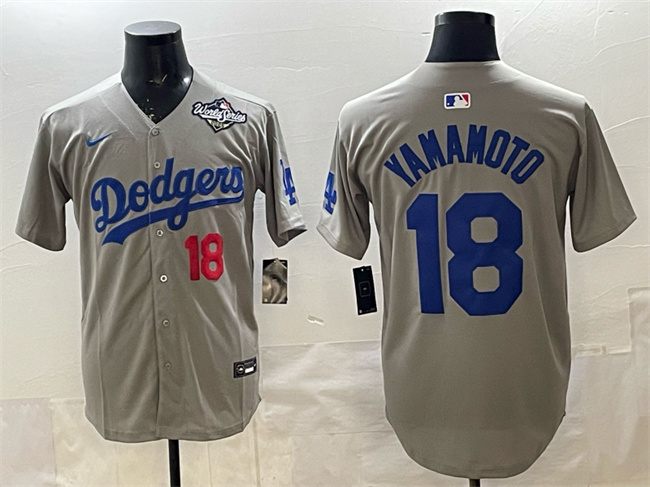 Men's Los Angeles Dodgers #18 Yoshinobu Yamamoto Grey 2025 World Series Patch Limited Stitched Baseball Jersey Men's Los Angeles Dodgers #18 Yoshinobu Yamamoto Grey 2025 World Series Patch Limited Stitched Baseball Jersey
