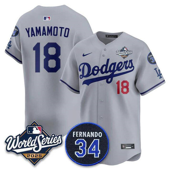 Men's Los Angeles Dodgers #18 Yoshinobu Yamamoto Grey 2025 World Series With No.34 Patch Limited Stitched Baseball Jersey Men's Los Angeles Dodgers #18 Yoshinobu Yamamoto Grey 2025 World Series With No.34 Patch Limited Stitched Baseball Jersey