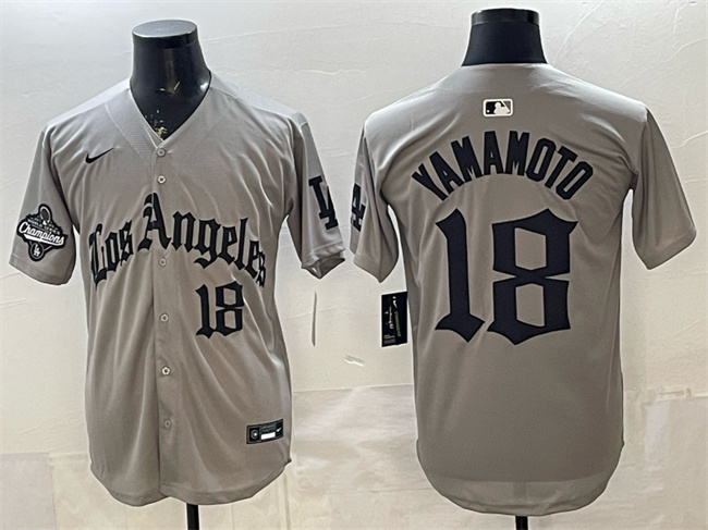Men's Los Angeles Dodgers #18 Yoshinobu Yamamoto Grey LA Gothic Style With 2025 World Series Champions Patch Limited Stitched Baseball Jersey Men's Los Angeles Dodgers #18 Yoshinobu Yamamoto Grey LA Gothic Style With 2025 World Series Champions Patch Limited Stitched Baseball Jersey