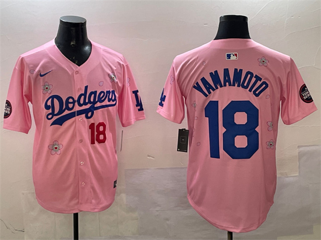 Men's Los Angeles Dodgers #18 Yoshinobu Yamamoto Pink 2025 Tokyo Series Limited Stitched Baseball Jersey
