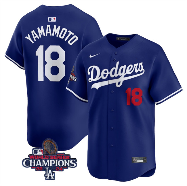 Men's Los Angeles Dodgers #18 Yoshinobu Yamamoto Royal 2024 World Series Champions Alternate Limited Stitched Baseball Jersey Men's Los Angeles Dodgers #18 Yoshinobu Yamamoto Royal 2024 World Series Champions Alternate Limited Stitched Baseball Jersey