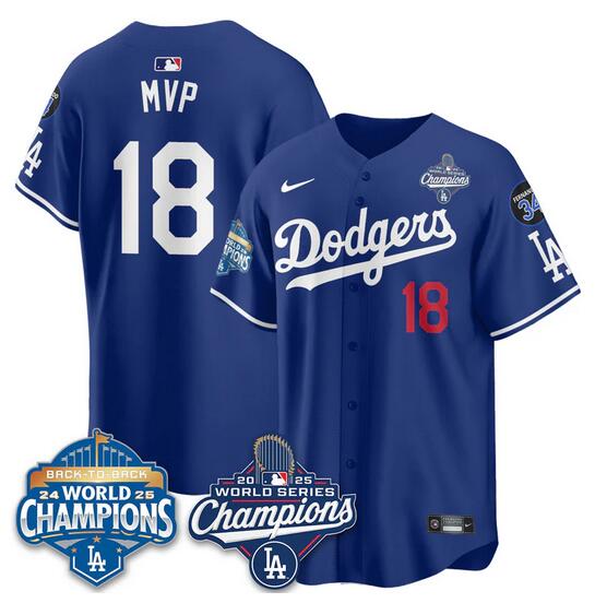 Men's Los Angeles Dodgers #18 Yoshinobu Yamamoto Royal 2025 World Series Champions & Back to Back Champions With No.34 Patch Limited Stitched Baseball Jersey Men's Los Angeles Dodgers #18 Yoshinobu Yamamoto Royal 2025 World Series Champions & Back to Back Champions With No.34 Patch Limited Stitched Baseball Jersey