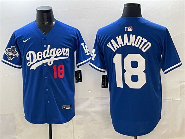 Men's Los Angeles Dodgers #18 Yoshinobu Yamamoto Royal 2025 World Series Champions Patch Limited Stitched Baseball Jersey Men's Los Angeles Dodgers #18 Yoshinobu Yamamoto Royal 2025 World Series Champions Patch Limited Stitched Baseball Jersey