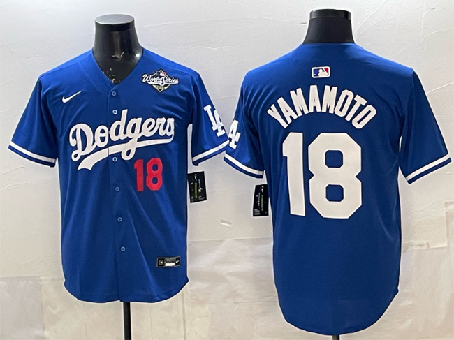 Men's Los Angeles Dodgers #18 Yoshinobu Yamamoto Royal 2025 World Series Patch Limited Stitched Baseball Jersey Men's Los Angeles Dodgers #18 Yoshinobu Yamamoto Royal 2025 World Series Patch Limited Stitched Baseball Jersey
