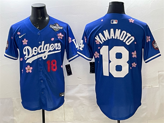 Men's Los Angeles Dodgers #18 Yoshinobu Yamamoto Royal 2025 World Series Patch Tokyo Series Limited Stitched Baseball Jersey Men's Los Angeles Dodgers #18 Yoshinobu Yamamoto Royal 2025 World Series Patch Tokyo Series Limited Stitched Baseball Jersey