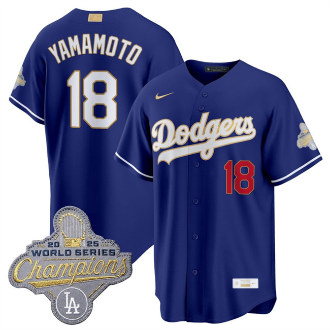Men's Los Angeles Dodgers #18 Yoshinobu Yamamoto Royal 2026 Alternate Gold Collection Stadium Stitched Baseball Jersey Men's Los Angeles Dodgers #18 Yoshinobu Yamamoto Royal 2026 Alternate Gold Collection Stadium Stitched Baseball Jersey