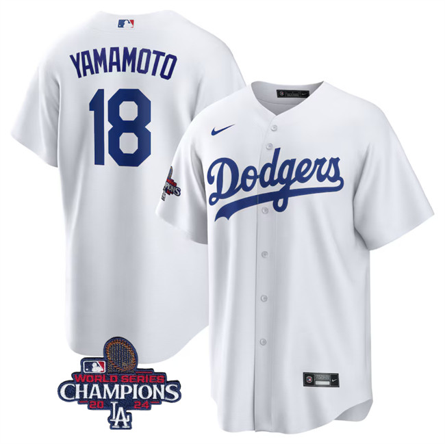 Men's Los Angeles Dodgers #18 Yoshinobu Yamamoto White 2024 World Series Champions Cool Base Stitched Baseball Jersey Men's Los Angeles Dodgers #18 Yoshinobu Yamamoto White 2024 World Series Champions Cool Base Stitched Baseball Jersey