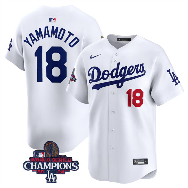 Men's Los Angeles Dodgers #18 Yoshinobu Yamamoto White 2024 World Series Champions Home Limited Stitched Baseball Jersey Men's Los Angeles Dodgers #18 Yoshinobu Yamamoto White 2024 World Series Champions Home Limited Stitched Baseball Jersey
