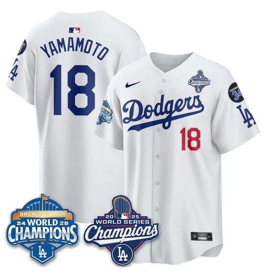 Men's Los Angeles Dodgers #18 Yoshinobu Yamamoto White 2025 World Series Champions & Back to Back Champions With No.34 Patch Limited Stitched Baseball Jersey Men's Los Angeles Dodgers #18 Yoshinobu Yamamoto White 2025 World Series Champions & Back to Back Champions With No.34 Patch Limited Stitched Baseball Jersey