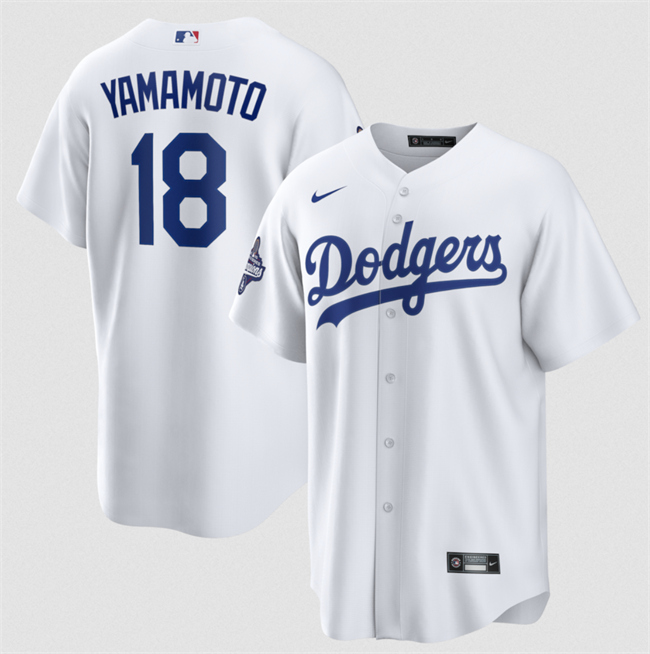 Men's Los Angeles Dodgers #18 Yoshinobu Yamamoto White 2025 World Series Champions Patch Cool Base Stitched Baseball Jersey Men's Los Angeles Dodgers #18 Yoshinobu Yamamoto White 2025 World Series Champions Patch Cool Base Stitched Baseball Jersey