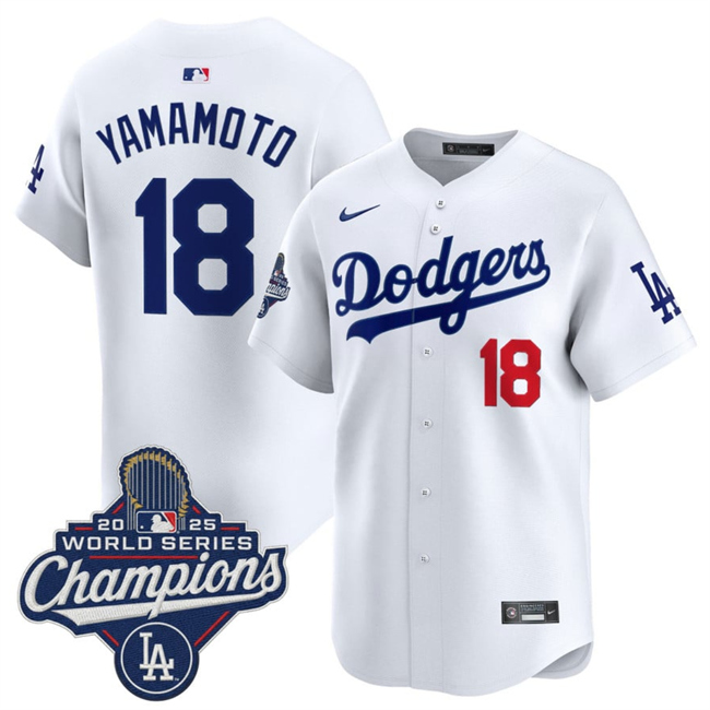 Men's Los Angeles Dodgers #18 Yoshinobu Yamamoto White 2025 World Series Champions Patch Home Limited Stitched Baseball Jersey Men's Los Angeles Dodgers #18 Yoshinobu Yamamoto White 2025 World Series Champions Patch Home Limited Stitched Baseball Jersey