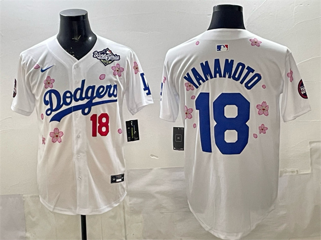 Men's Los Angeles Dodgers #18 Yoshinobu Yamamoto White 2025 World Series Patch Tokyo Series Limited Stitched Baseball Jersey Men's Los Angeles Dodgers #18 Yoshinobu Yamamoto White 2025 World Series Patch Tokyo Series Limited Stitched Baseball Jersey