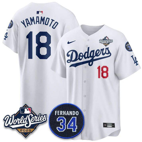 Men's Los Angeles Dodgers #18 Yoshinobu Yamamoto White 2025 World Series With No.34 Patch Home Limited Stitched Baseball Jersey Men's Los Angeles Dodgers #18 Yoshinobu Yamamoto White 2025 World Series With No.34 Patch Home Limited Stitched Baseball Jersey