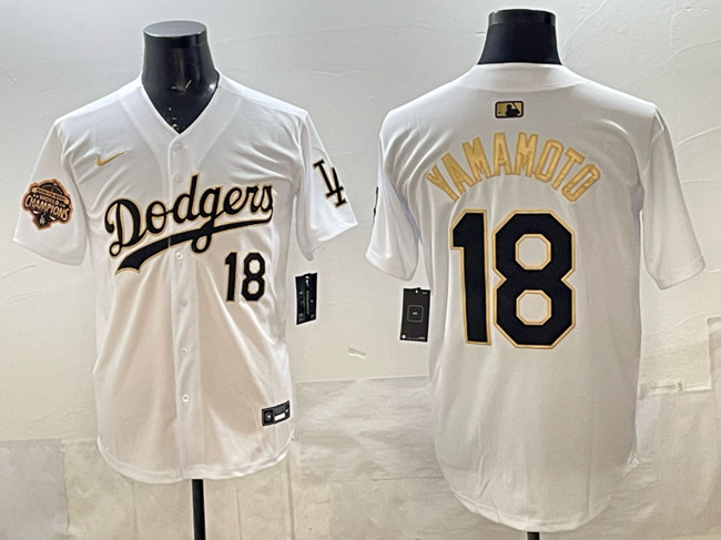 Men's Los Angeles Dodgers #18 Yoshinobu Yamamoto White Gold 2025 Back to Back Champions Patch Limited Stitched Baseball Jersey Men's Los Angeles Dodgers #18 Yoshinobu Yamamoto White Gold 2025 Back to Back Champions Patch Limited Stitched Baseball Jersey