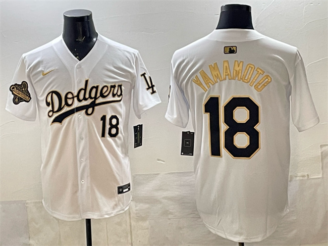 Men's Los Angeles Dodgers #18 Yoshinobu Yamamoto White Gold 2025 World Series Champions Patch Limited Stitched Baseball Jersey Men's Los Angeles Dodgers #18 Yoshinobu Yamamoto White Gold 2025 World Series Champions Patch Limited Stitched Baseball Jersey
