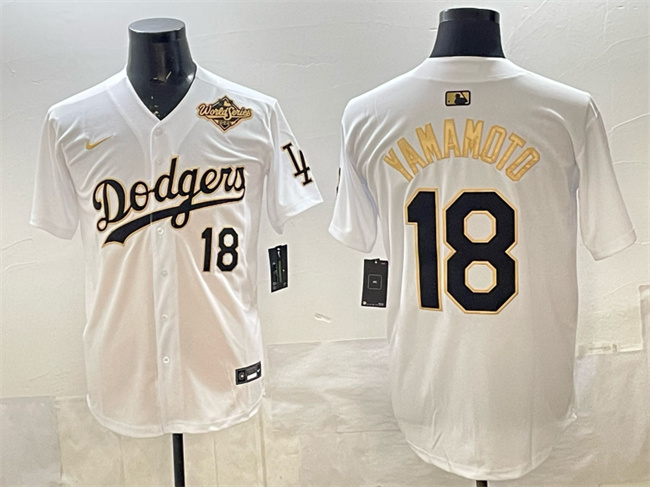 Men's Los Angeles Dodgers #18 Yoshinobu Yamamoto White Gold 2025 World Series Patch Limited Stitched Baseball Jersey Men's Los Angeles Dodgers #18 Yoshinobu Yamamoto White Gold 2025 World Series Patch Limited Stitched Baseball Jersey