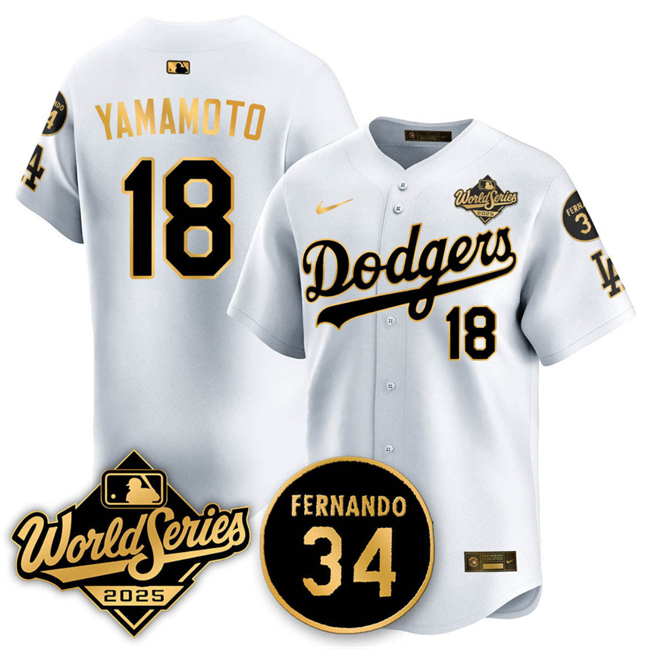 Men's Los Angeles Dodgers #18 Yoshinobu Yamamoto White Gold 2025 World Series With No.34 Patch Limited Stitched Baseball Jersey Men's Los Angeles Dodgers #18 Yoshinobu Yamamoto White Gold 2025 World Series With No.34 Patch Limited Stitched Baseball Jersey