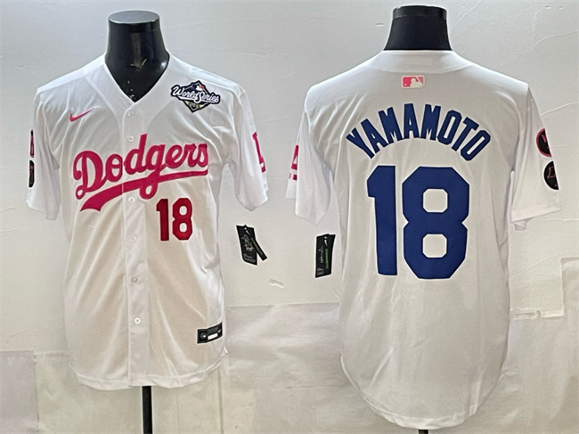 Men's Los Angeles Dodgers #18 Yoshinobu Yamamoto White Pink 2025 World Series Vin & Kobe Patch Limited Stitched Baseball Jersey Men's Los Angeles Dodgers #18 Yoshinobu Yamamoto White Pink 2025 World Series Vin & Kobe Patch Limited Stitched Baseball Jersey