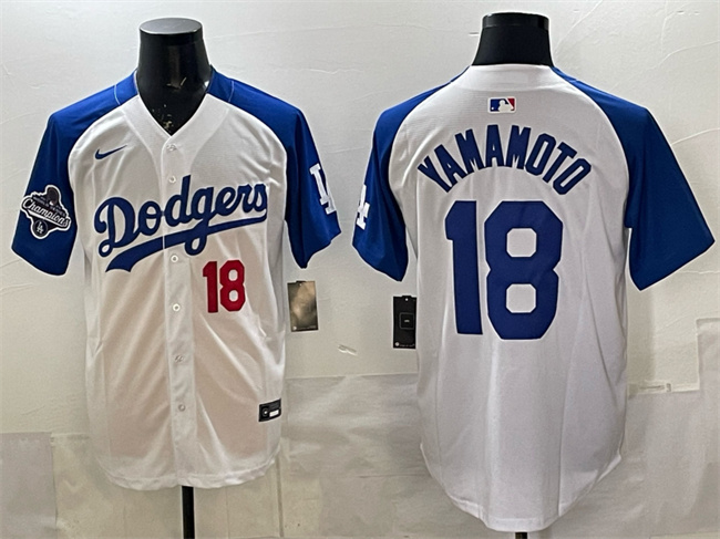 Men's Los Angeles Dodgers #18 Yoshinobu Yamamoto White Royal 2025 World Series Champions Patch Limited Stitched Baseball Jersey Men's Los Angeles Dodgers #18 Yoshinobu Yamamoto White Royal 2025 World Series Champions Patch Limited Stitched Baseball Jersey