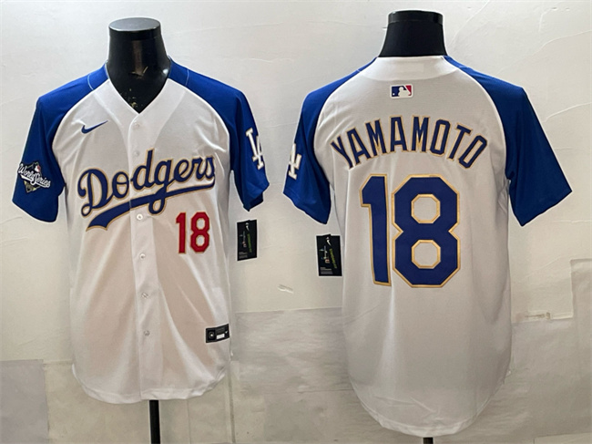 Men's Los Angeles Dodgers #18 Yoshinobu Yamamoto White Royal 2025 World Series Patch Limited Stitched Baseball Jersey Men's Los Angeles Dodgers #18 Yoshinobu Yamamoto White Royal 2025 World Series Patch Limited Stitched Baseball Jersey