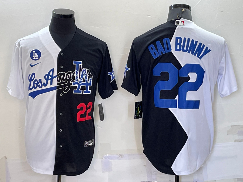 Men's Los Angeles Dodgers #22 Bad Bunny 2022 All-Star White-Black Split Cool Base Stitched Baseball Jersey