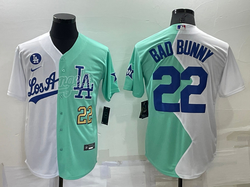 Men's Los Angeles Dodgers #22 Bad Bunny 2022 All-Star White Green Cool Base Baseball Jersey