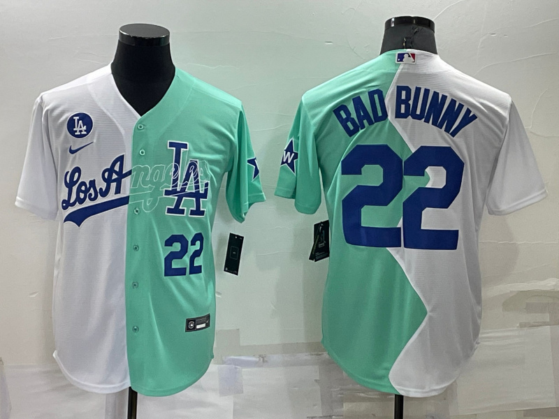 Men's Los Angeles Dodgers #22 Bad Bunny 2022 All-Star White Green Cool Base Baseball Jerseys