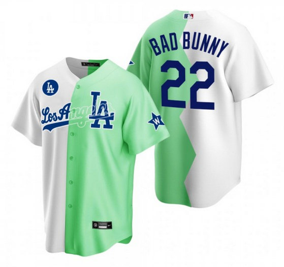 Men's Los Angeles Dodgers #22 Bad Bunny 2022 All-Star White Green Cool Base Stitched Baseball Jersey